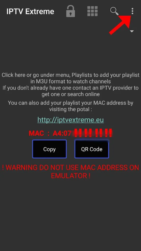Étape 2 : Cliquez sur les trois points situés dans le coin supérieur droit de votre écran. IPTV Extreme