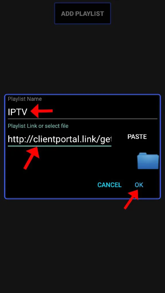 Étape 6 : Vous devez maintenant créer un nom de liste de lecture. Liste de lecture. Ensuite, vous devez entrer l'URL du M3U, que vous pouvez obtenir via un fournisseur IPTV. Cliquez ensuite sur « OK ». IPTV Extreme